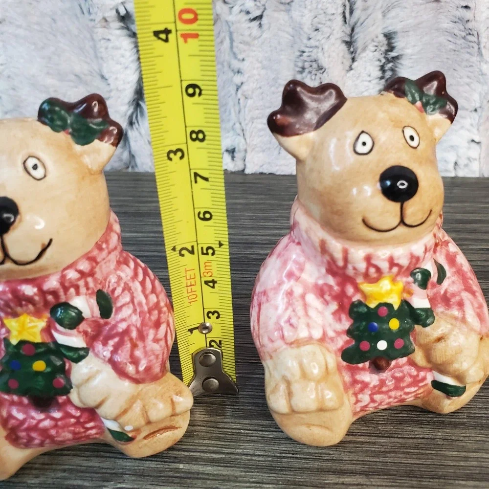 Ceramic Christmas Holiday Reindeer In Sweaters Salt and Pepper Shakers